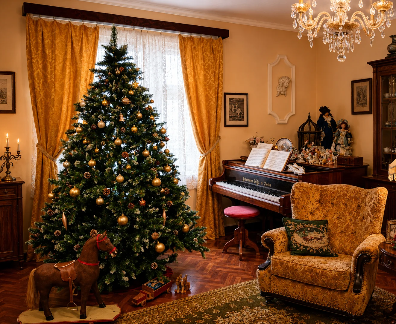 Adventski salon Posjeda Contessa s božićnim drvcem, klavirom i starinskim detaljima.